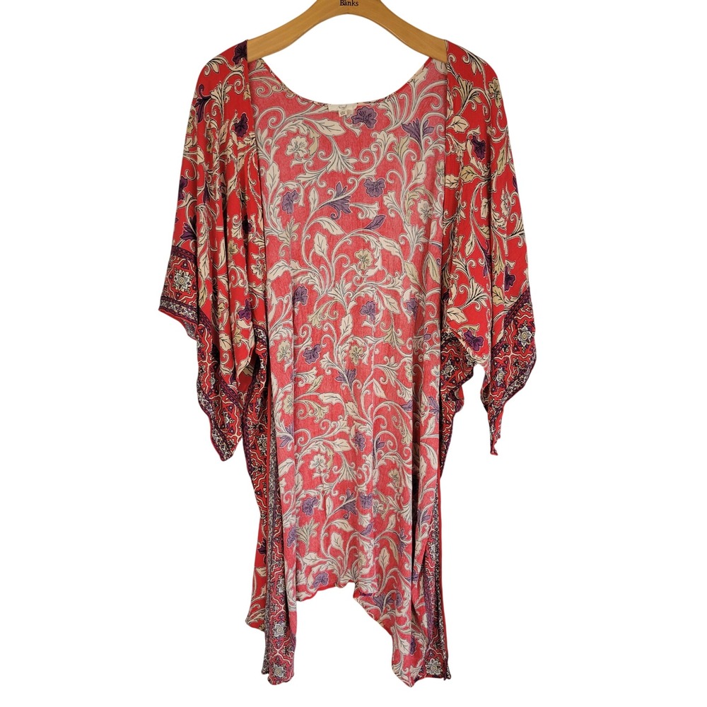 Easel Los Angeles Floral Kimono Kaftan Duster Size Large Red Poncho Lightweight
